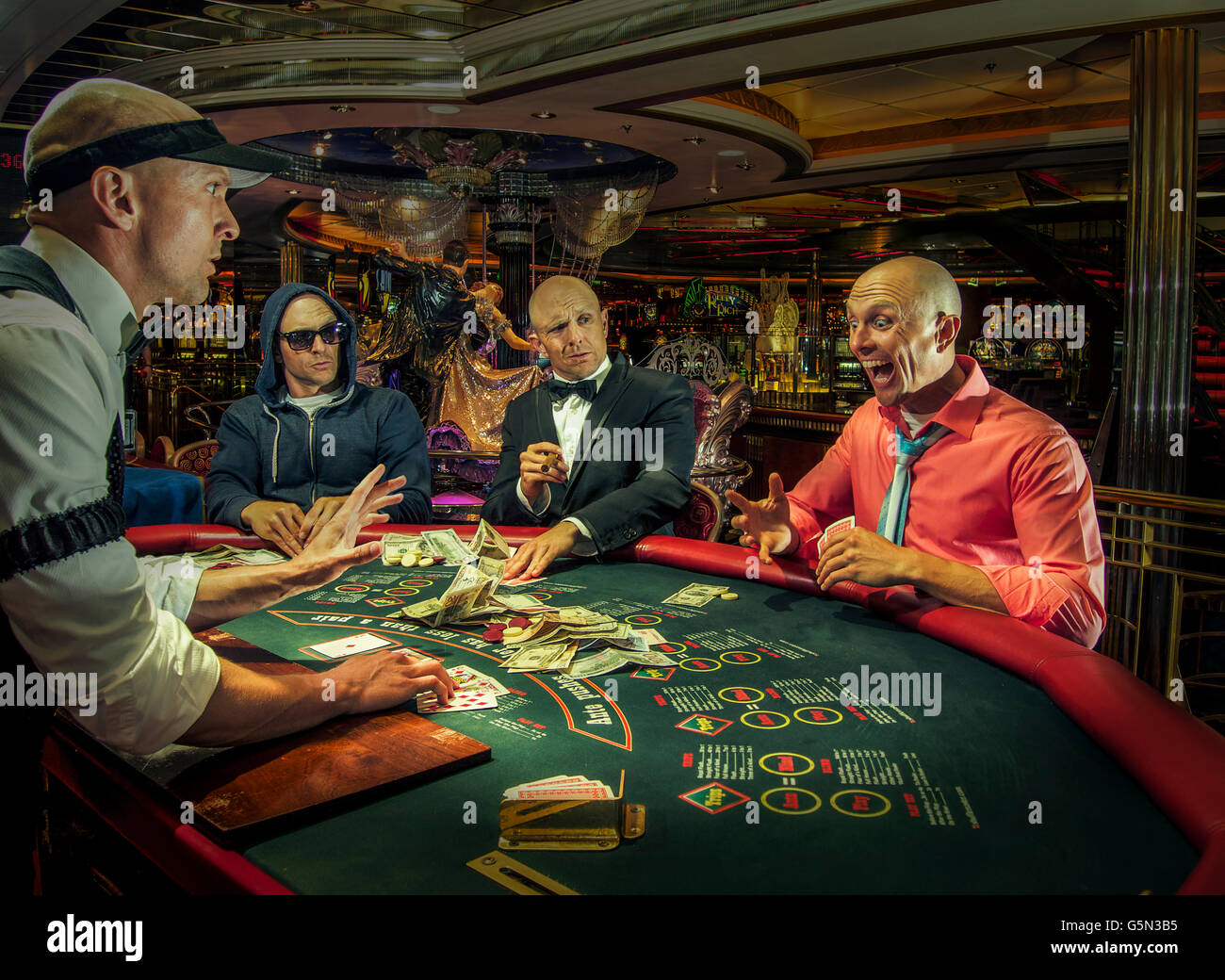 Multiple exposure of gamblers playing poker in casino Stock Photo