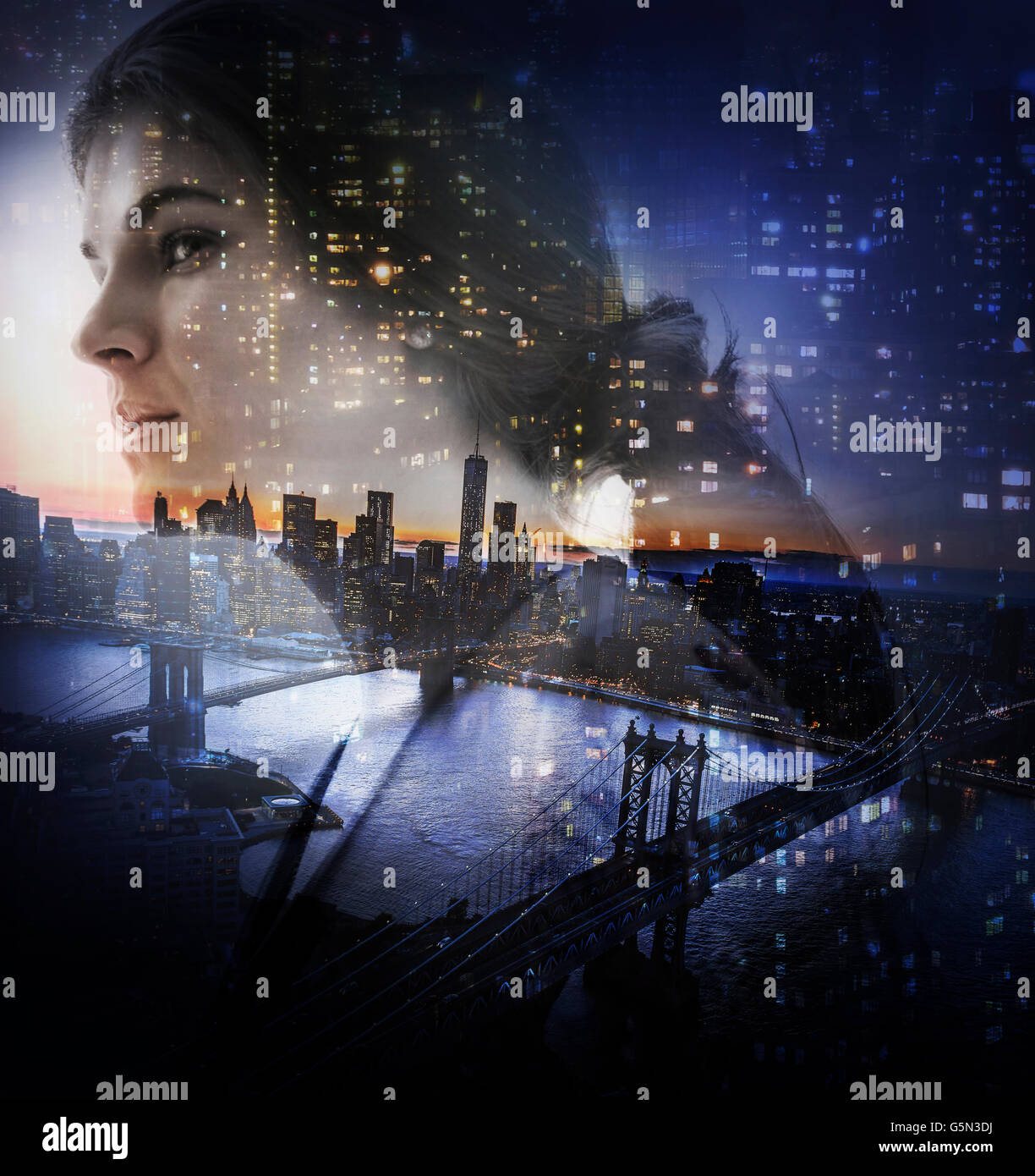 Face of Caucasian woman and New York cityscape, New York, United States Stock Photo