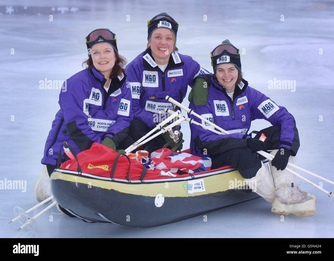 Left to right, Pom Oliver aged 50 from West Sussex, Ann Daniels age 37 from Exeter in Devon and Caroline Hamilton, 35 from London at a photo call in London for M&G Investments North Pole Expedition 2002. *The all female team will be the first British woman's team in the world to reach both Poles. They have already trekked to the South Pole. Stock Photo