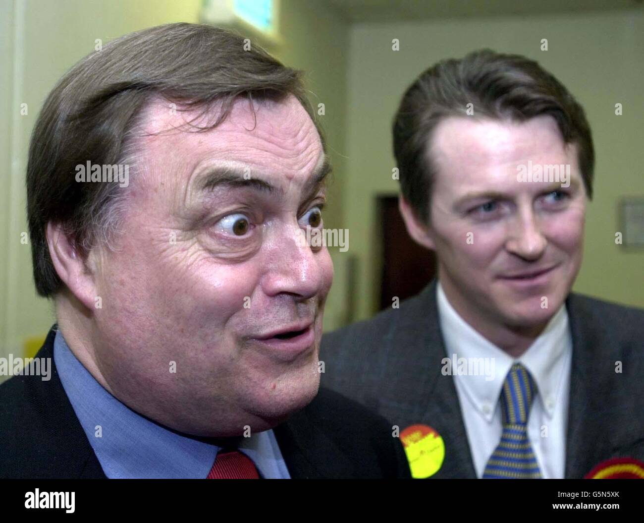 Deputy Prime Minister John Prescott at Betws Community Centre in Ogmore, during his visit to the area supporting Huw Irranca-Davies (L), the Labour candidate for upcoming By-Election. Stock Photo