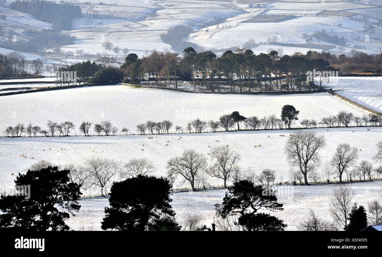 Snow covered fields near Tow Law in County Durham today after overnight
