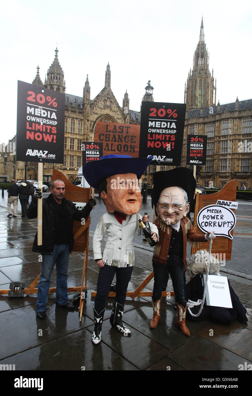 Protest group Avaaz outside the House of Parliament to protest against media ownership and the implementation of the Leveson Inquiry report. Stock Photo