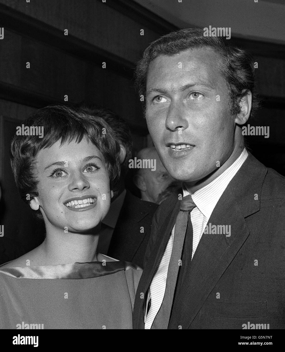 Playright John Osborne with actress Rita Tushingham, the former 1-a-week trainee from Liverpool 'rep' who takes the lead role in the film version of Shelagh Delaney's 'A Taste Of Honey' at the Leicester Square Theatre, London. The film is from Osbourne's Woddfall Company. Stock Photo