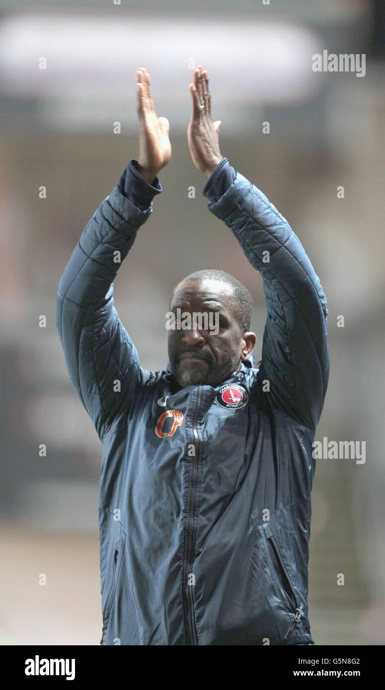 Charlton Athletic manager Chris Powell applauds the crowd after the npower Football League Championship match at The Valley, London. Stock Photo