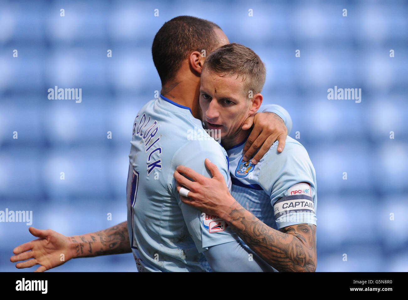 Coventry City's David McGoldrick celebrates his first goal with Carl Baker during the npower Football League One match at the Ricoh Arena, Coventry. Stock Photo