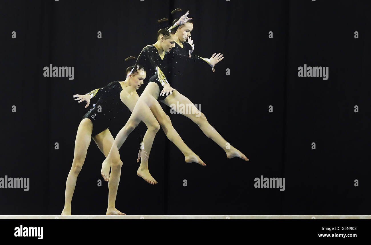 **EDITORS PLEASE NOTE - Multiple exposure created in camera** Rebecca Tunney on the WA Balanace Beam during the Glasgow World Cup at the Emirates Arena, Glasgow. Stock Photo