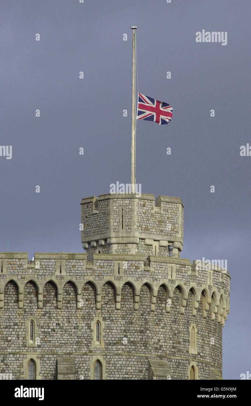 The union flag flies at half mast over windsor castle hires stock