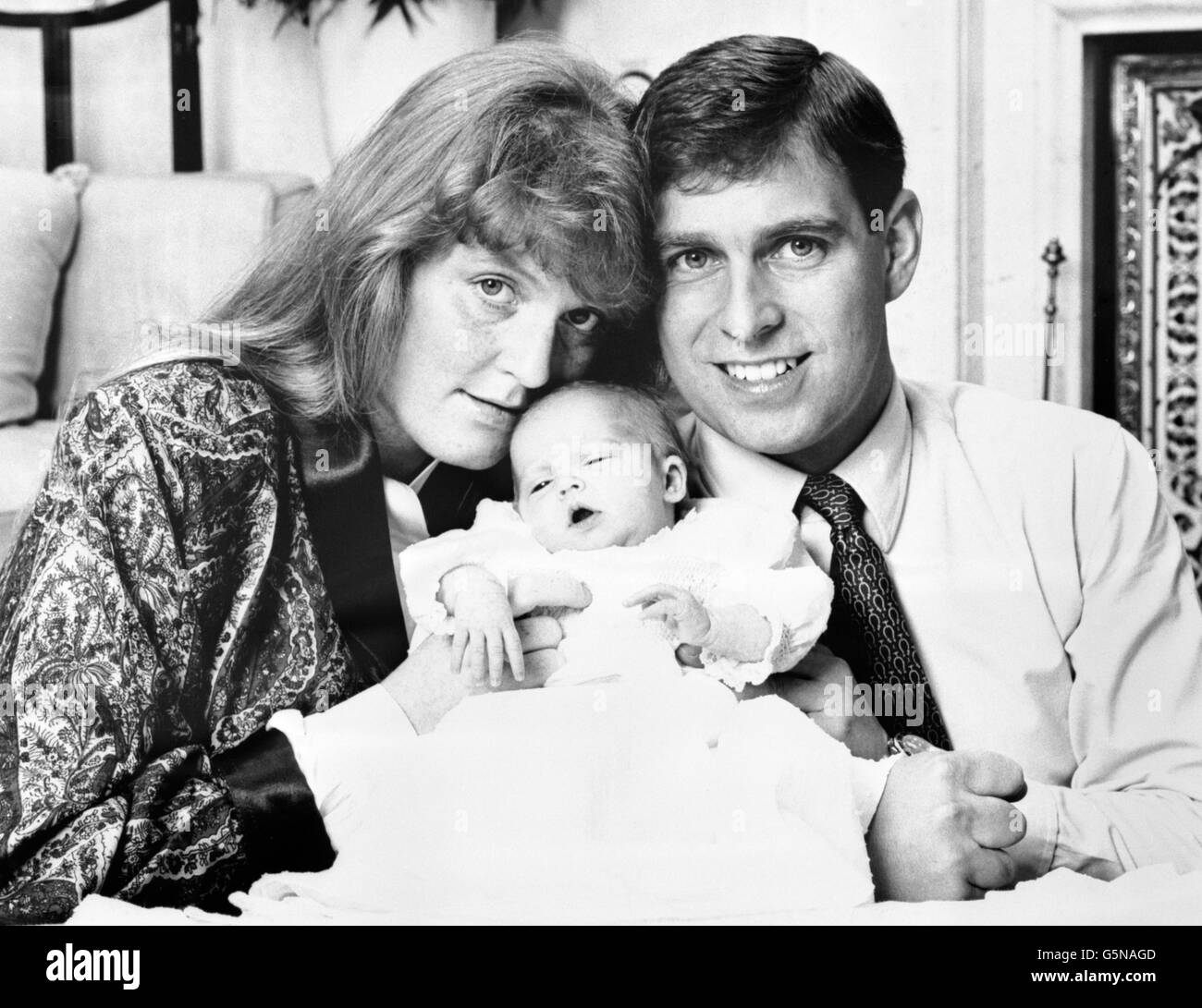 One of the first official photographs of the Duke and Duchess of York at Balmoral with their two-week-old daughter, the Royal Highness the Princess Beatrice of York, taken by the Duke himself. Stock Photo