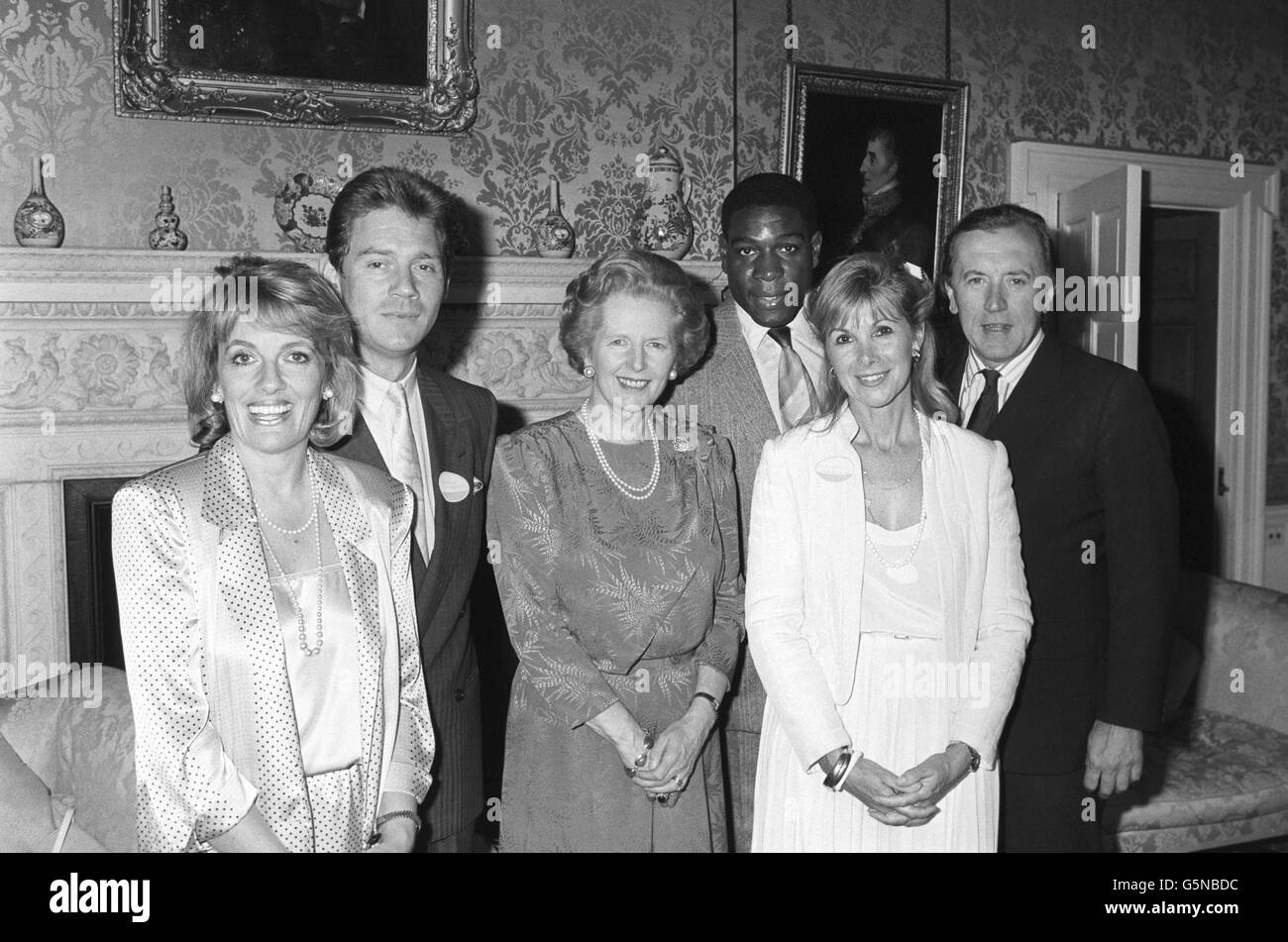 Prime Minister Margaret Thatcher, centre, at 10 Downing Street, London, with celebrities, from left, Esther Rantzen, Anthony Andrews, Frank Bruno, Susan Hampshire and David Frost. The PM hosted a reception for Childline to thank the charity's supporters. Esther Rantzen is the chairwoman of the national helpline for children in trouble or danger. Stock Photo
