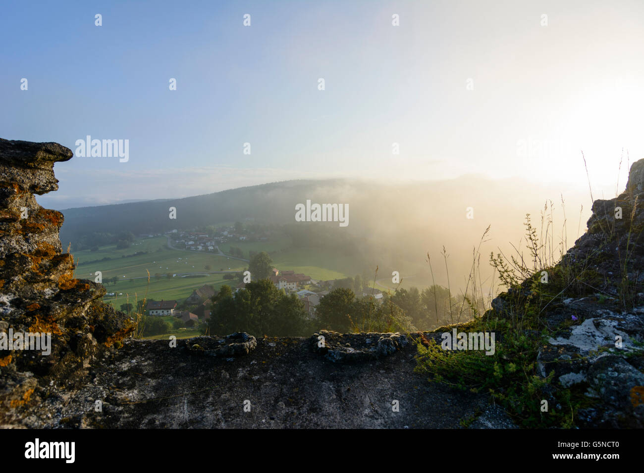 Neunußberg Castle: View from the tower house in the morning mist on Neunußberg and the Bavarian Forest, Viechtach, Germany, Baye Stock Photo