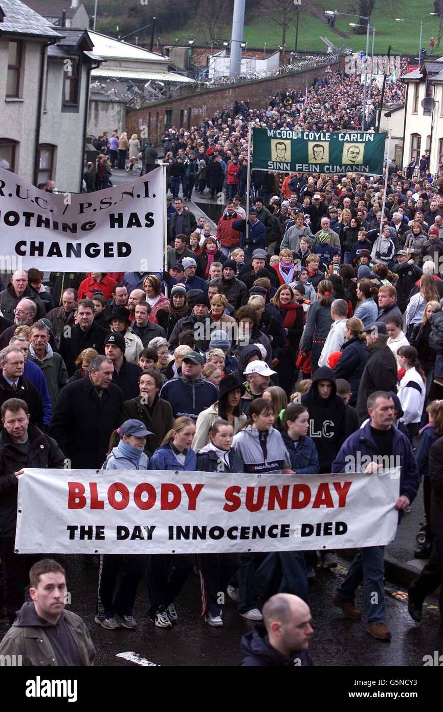 JANUARY 30TH : On this day in 1972 British paratroopers opened fire on a civil rights march killing 13 people. The day became known as Bloody Sunday. Thousands on the streets of Londonderry, to retrace the steps of the ill-fated route of the Bloody March to mark its 30th anniversary, during which 13 people was killed in 1972. Stock Photo