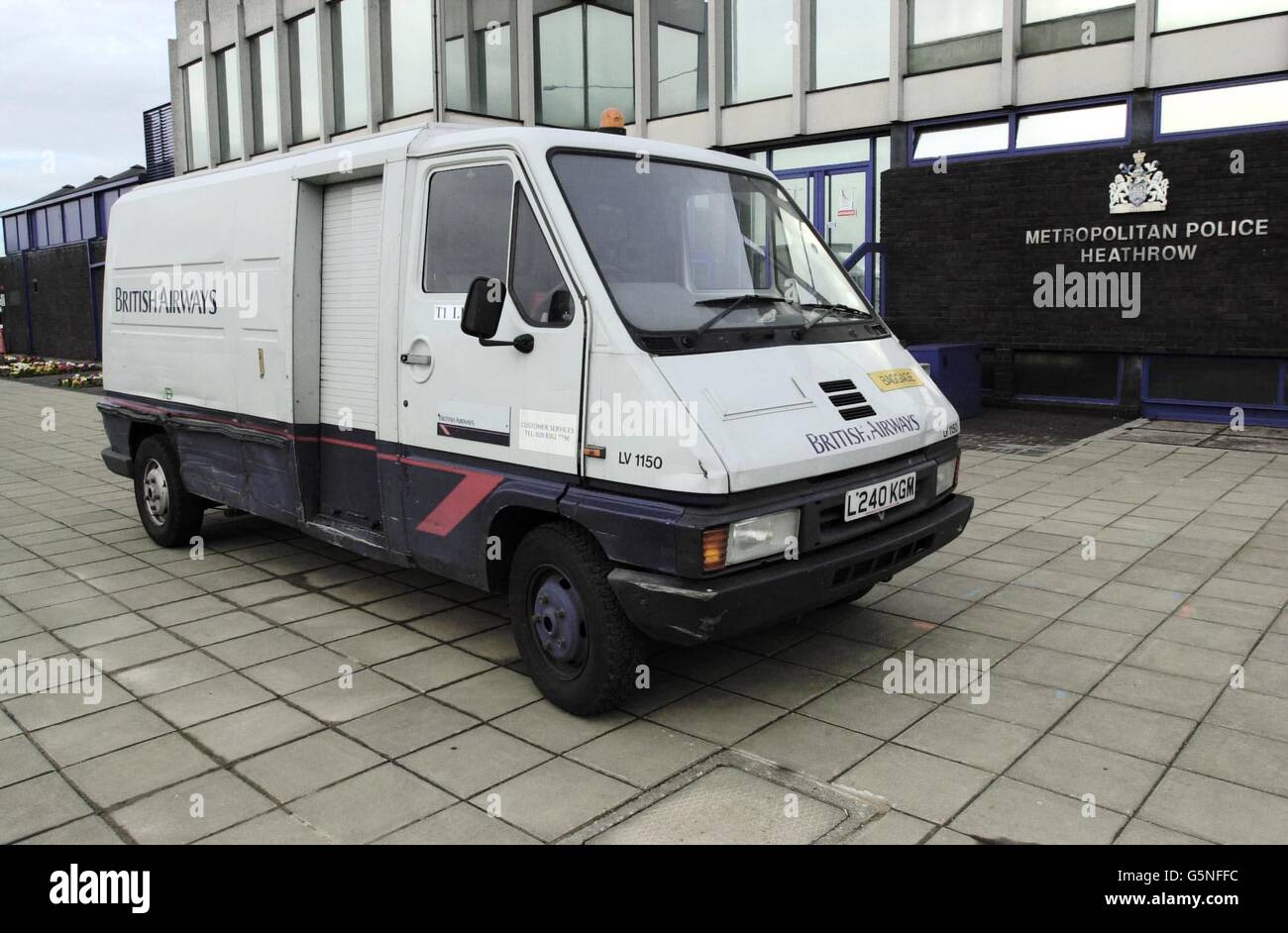 A British Airways Baggage van similar to the one used by robbers who attacked a BA security van in a secure airside cargo loading area near Heathrow Airport's Terminal 4, and who escaped with 4.6 million, outside Heathrow Police station. * The vehicle was subsequently found abandoned and burning two miles away in a residential area in Feltham, west London. Government ministers responsible for aviation security have ordered a report on how thieves managed to gain access to the airport's restricted zone during a period of heightened security in the wake of events on September 11. Stock Photo