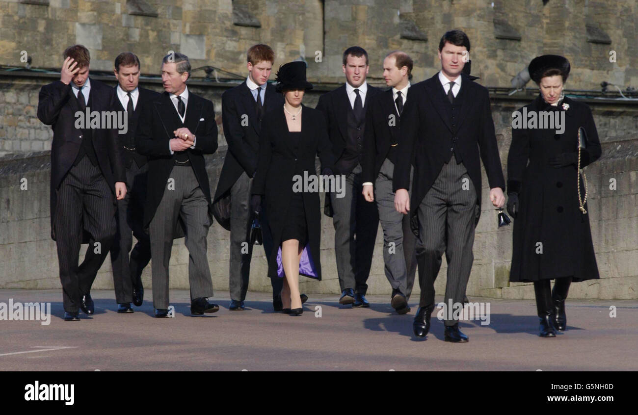 Members of the Royal family - from left - Prince Williiam, the Duke of York, Prince Charles, Prince Harry, Sophie, Countess of Wessex, Peter Phillips, the Earl of Wessex, Commander Tim Laurence and the Princess Royal. * ... arrive at Windsor Castle for the funeral of Princess Margaret, following her death, aged 71, last week. Some 400 friends and staff were expected at the service. Princess Margaret, the younger sister of Britain's Queen Elizabeth II. Stock Photo