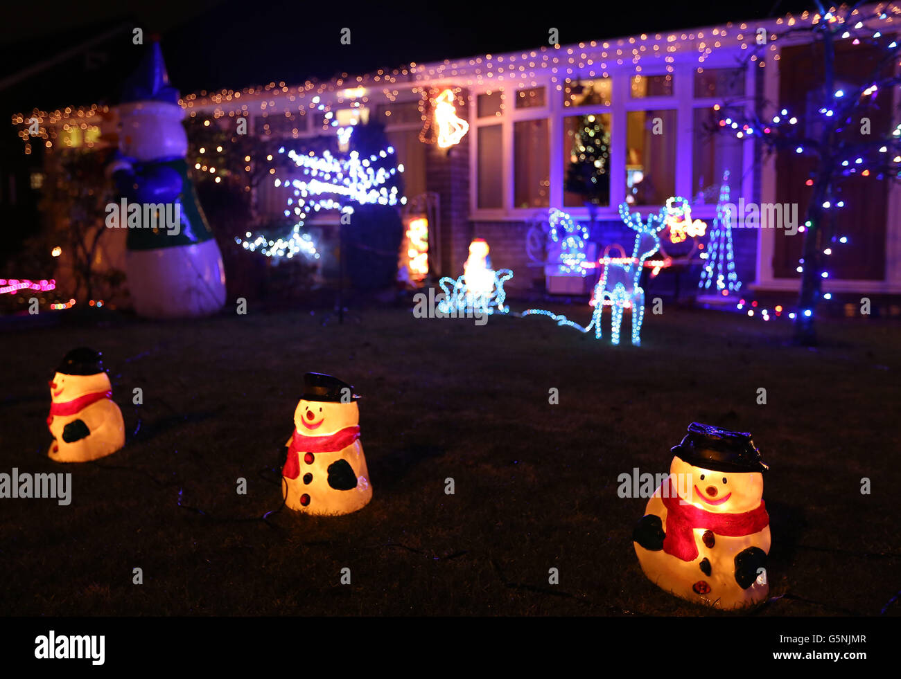 A house with Christmas lights in Hazel Grove, Stockport Stock Photo Alamy