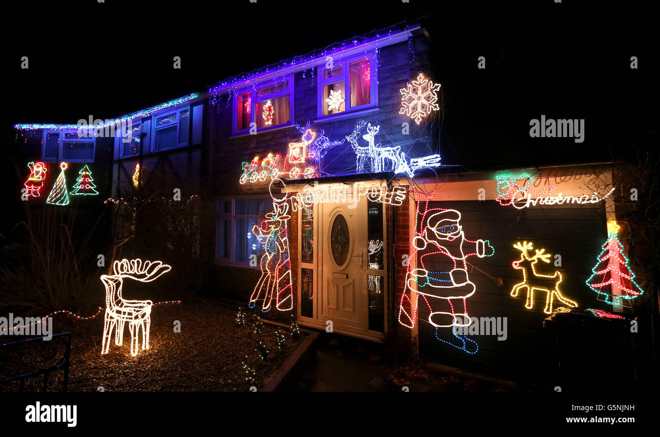 Christmas lights across the UK. A house with Christmas lights in Hazel