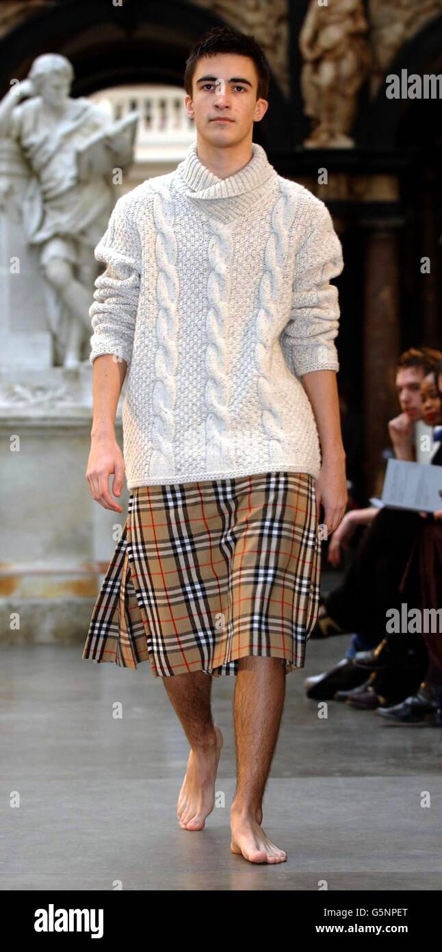 A model wears a Burberry skirt during the 'Men In Skirts' catwalk show at  the Victoria and Albert Museum in London Stock Photo - Alamy