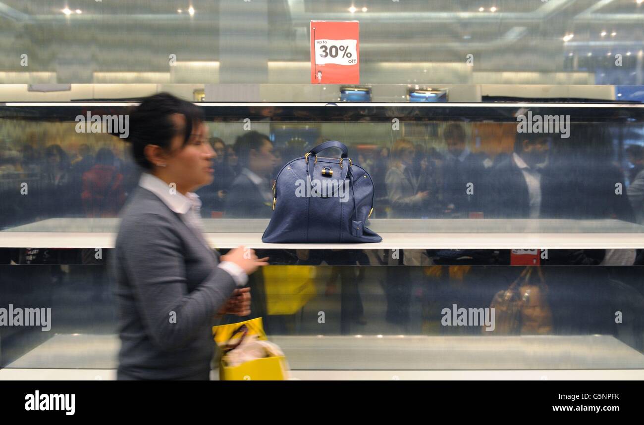 A last remaining handbag left on a shelf in Selfridges department store