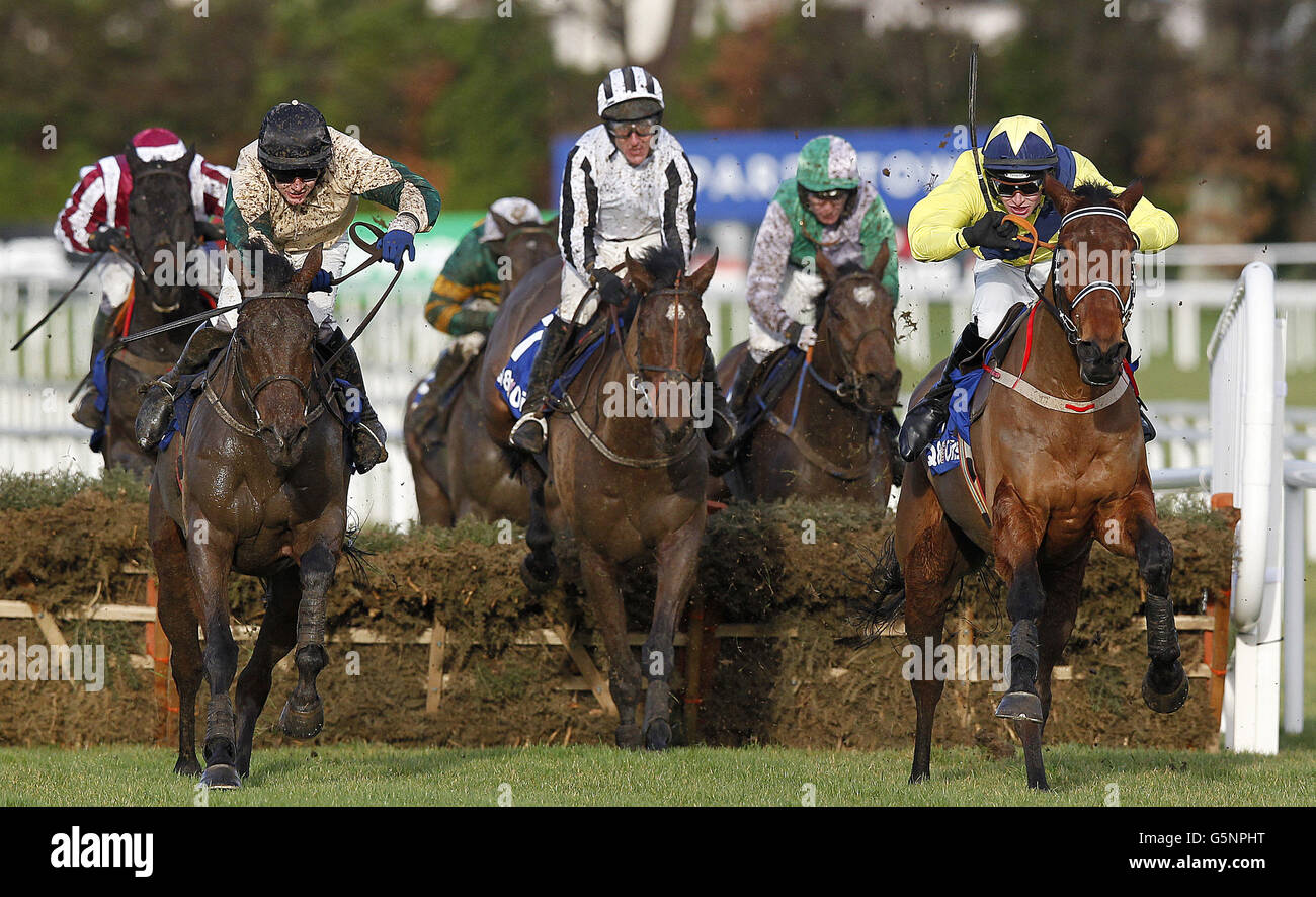 Anonis under jockey Danny Mullins (right) jumps the last to win the Q8 Oils Maiden Hurdle ahead of Paparrazi Kid under jockey Paul Townend (left) during the Leopardstown Christmas Festival at Leopardstown Racecourse, Dublin, Ireland. Stock Photo