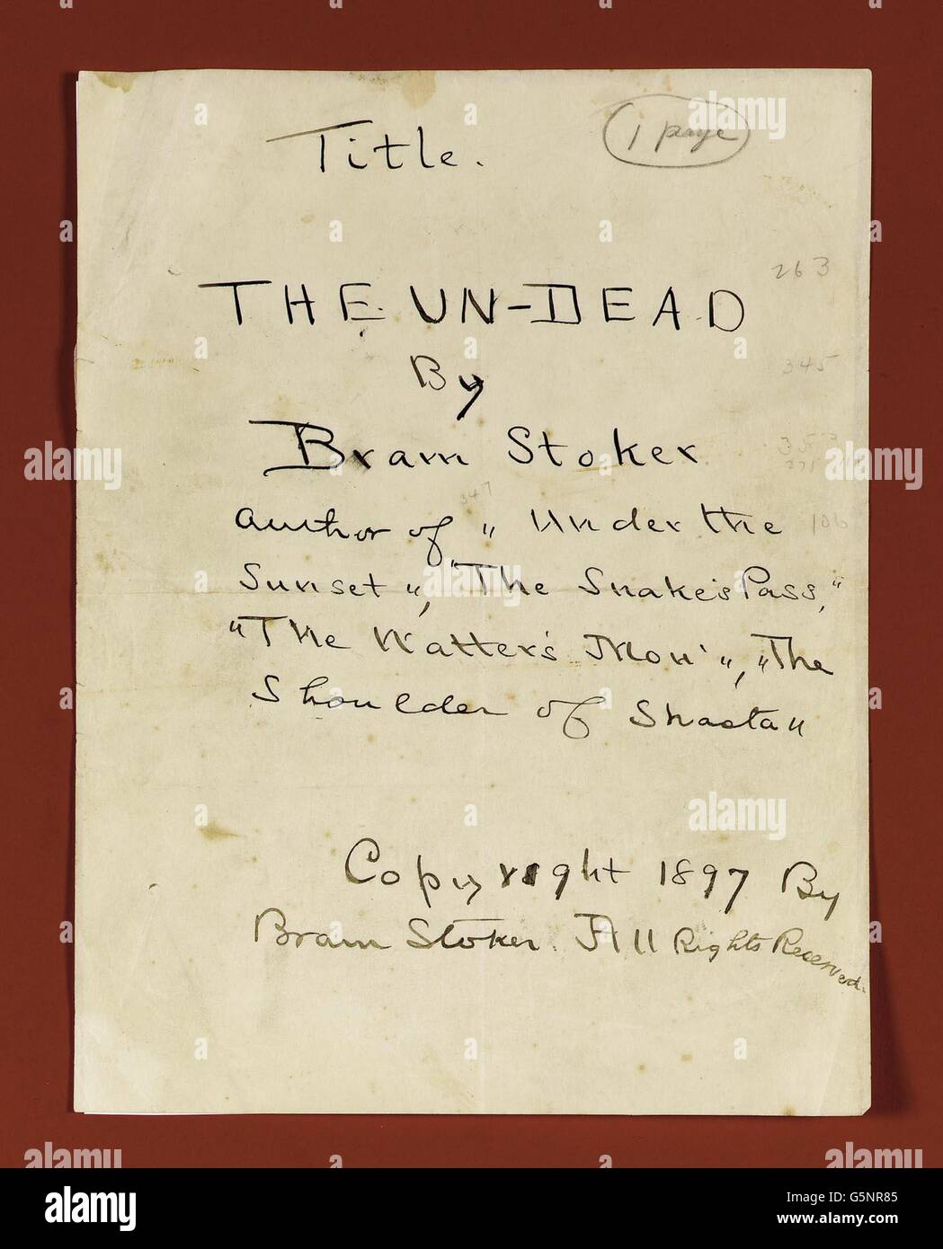 The original title page, of horror classic Dracula. Bram Stoker's manuscript is expected to fetch 1.1 million when it goes under the hammer next month in New York. Stock Photo