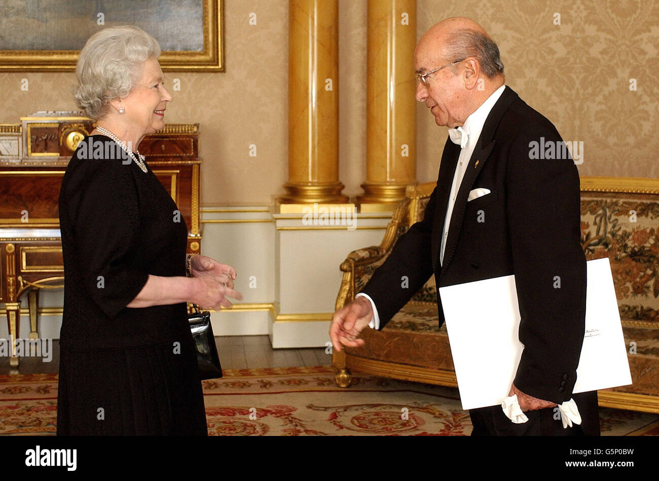 Queen Elizabeth II receives His Excellency the Ambassador of Bolivia, Senor Marcelo Perez-Monasterios at Buckingham Palace in London. Stock Photo