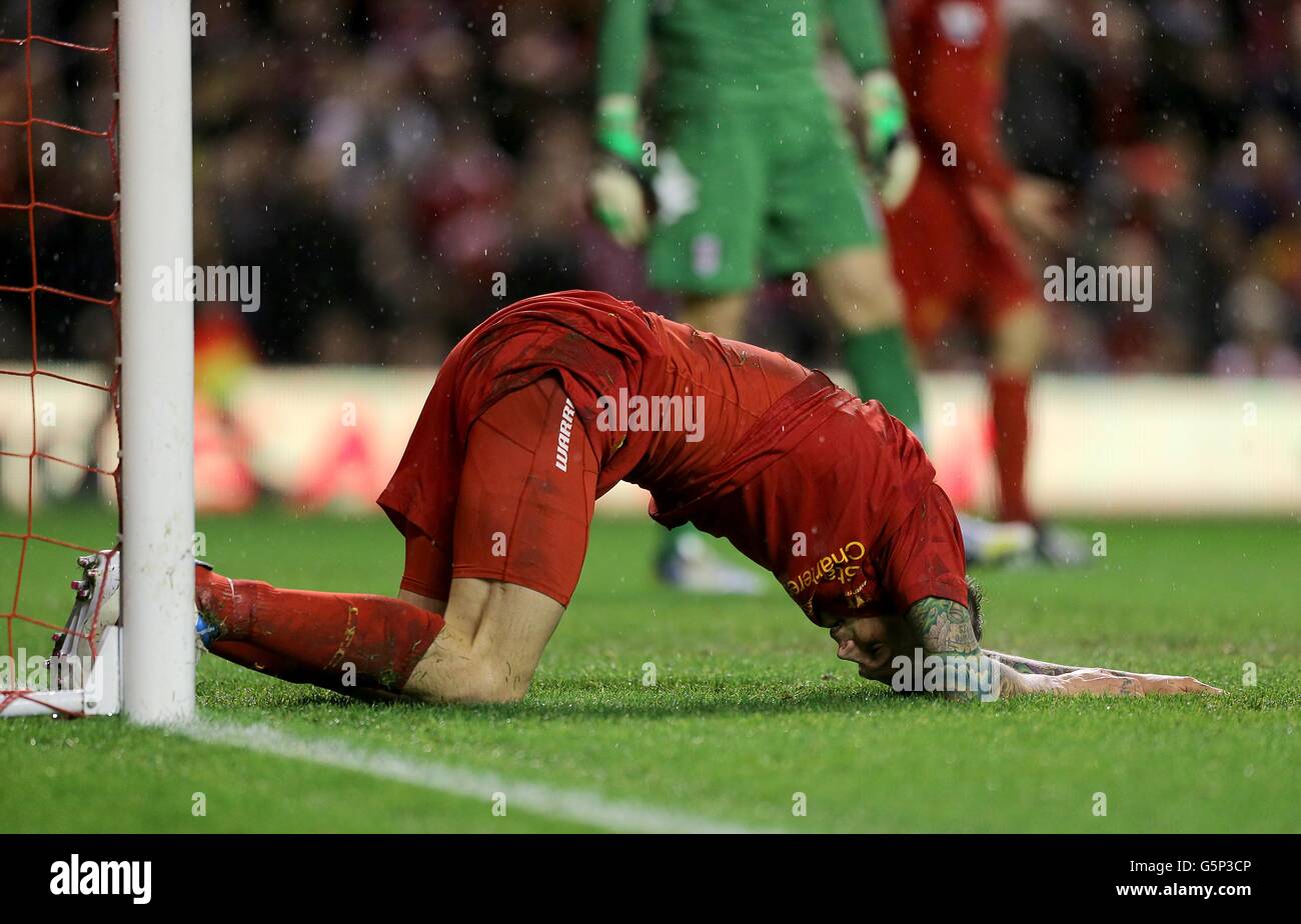 Soccer - Barclays Premier League - Liverpool v Fulham - Anfield. Liverpool's Daniel Agger rues a missed chance Stock Photo