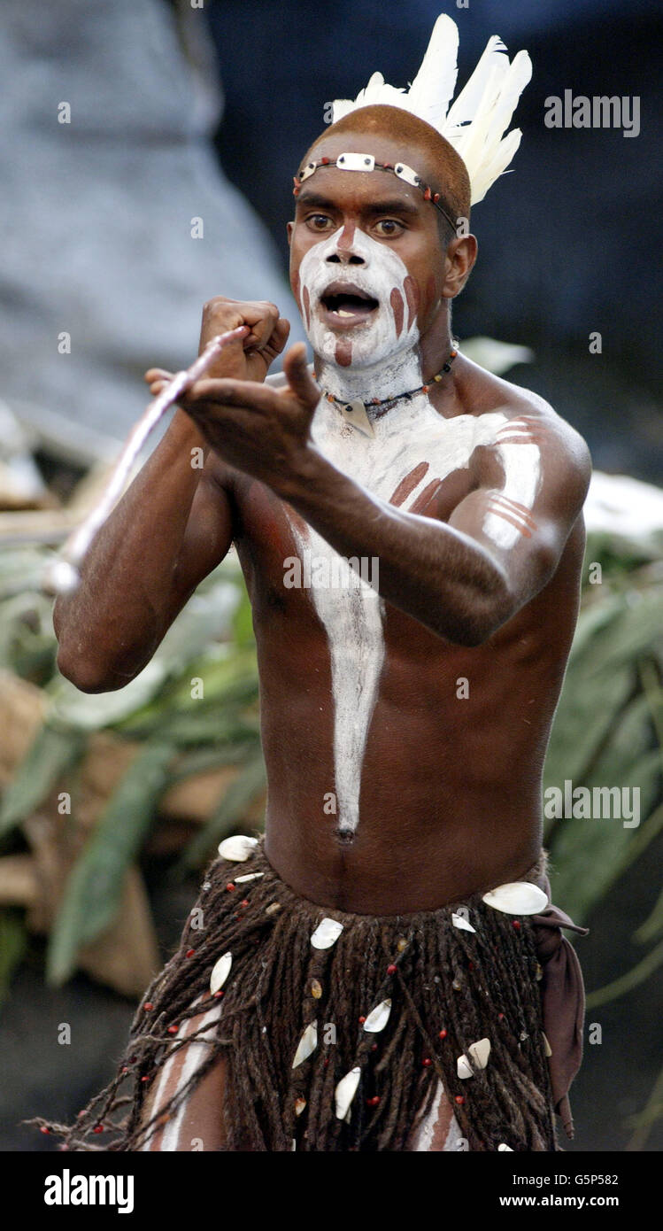 An Aboriginal dancer performs in a culture show at Tjapukai Aboriginal