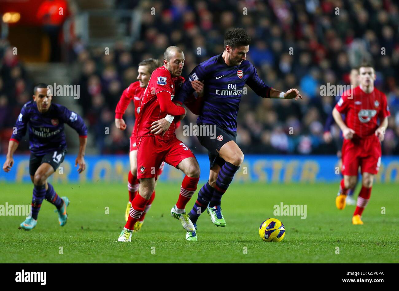 Arsenal S Olivier Giroud Second Right And Southampton S Steve De Ridder Battle For The Ball Stock Photo Alamy