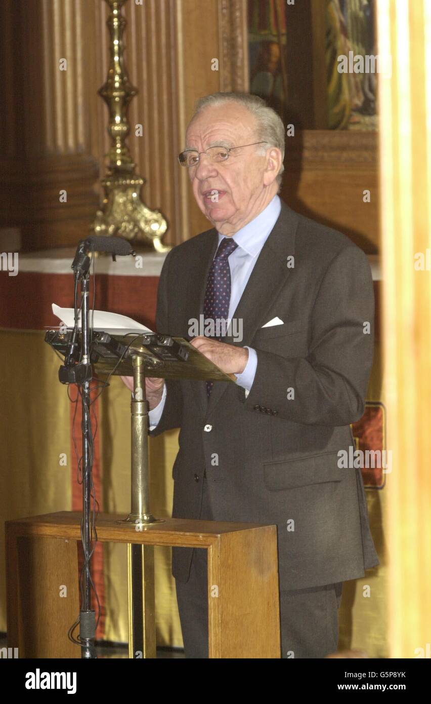 pRupert Murdoch President of News Corp, during a service at St Bride's Church in London's Fleet Street attended by the prince of Wales to celebrate 300 years of the newspaper industry in Fleet Street. Stock Photo