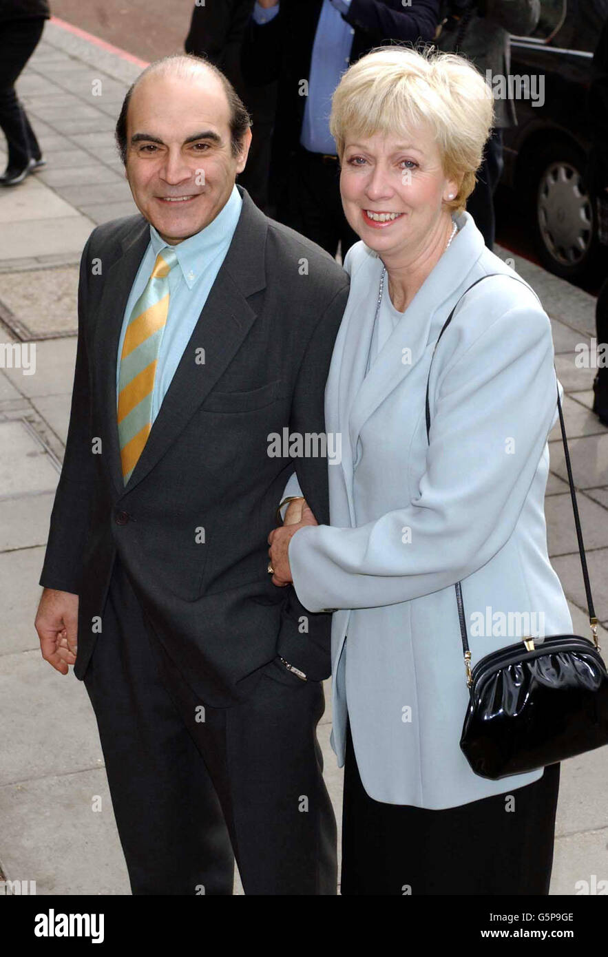 Actor David Suchet with his wife Sheila arriving at the Le Meridien Grosvenor House Hotel, London, for the 2002 TRIC (Television & Radio Industries Club) Awards. Stock Photo