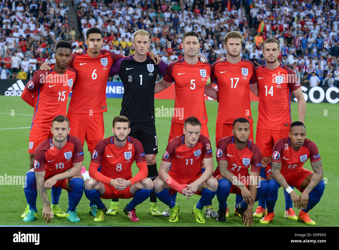 Daniel Sturridge (England) Chris Smalling (England) Joe Hart (England) Gary Cahill (England) Eric Dier (England) Jordan Henderson (England) Jack Wilshere (England) Adam Lallana (England) Jamie Vardy (England) Ryan Bertrand (England) Nathaniel Clyne (England) Team (England) ;  June 20, 2016 - Football : Uefa Euro France 2016, Group B, Slovakia 0-0 England at Stade Geoffroy Guichard, Saint-Etienne, France.; Team (England). (Photo by aicfoto/AFLO) Stock Photo