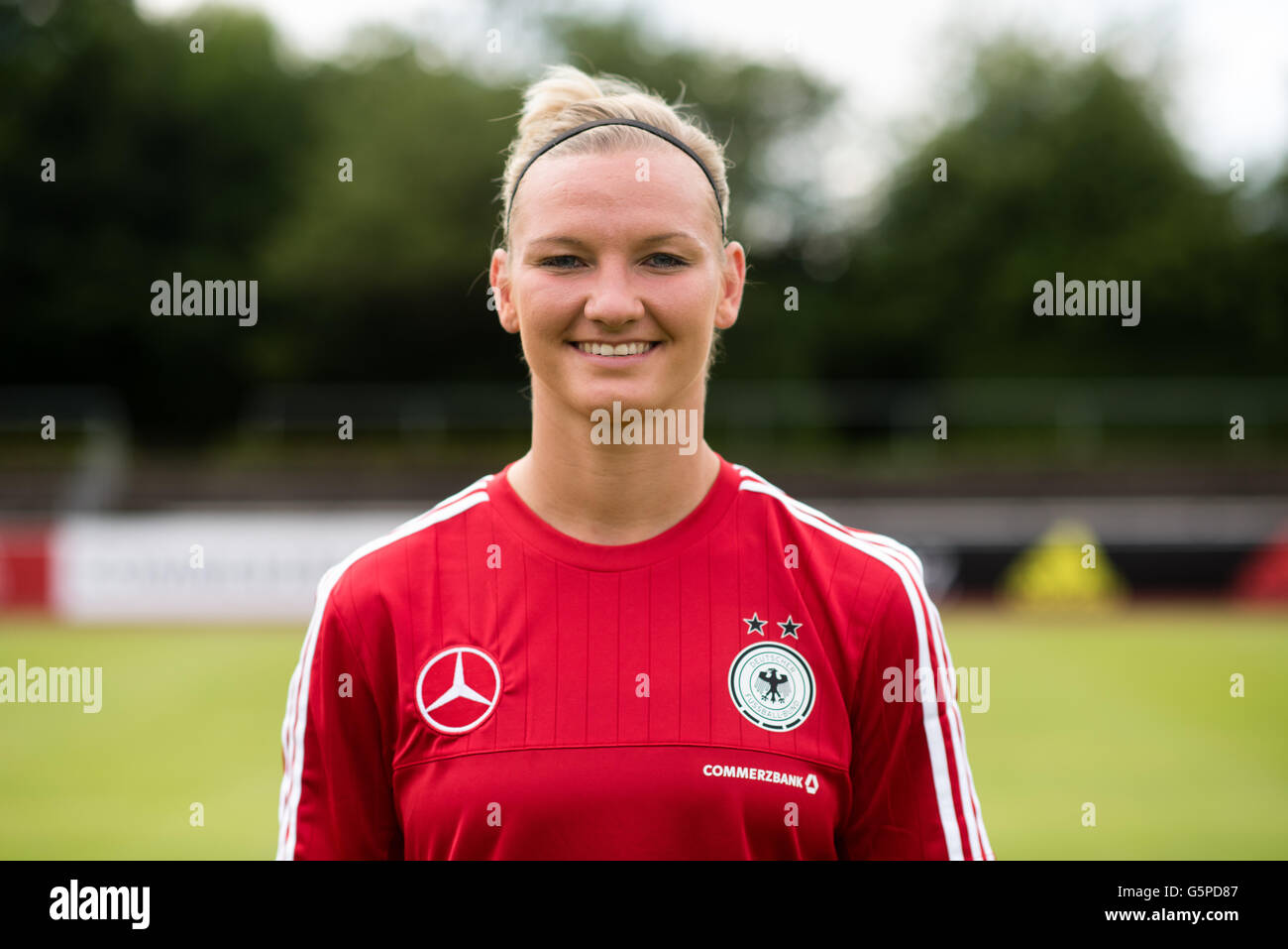 Striker Alexandra Popp poses at a photocall of the German national soccer team of women during the preparations for Olympia at the team hotel in Grassau, germany, 21 June 2016. Photo: Matthias Balk/dpa Stock Photo
