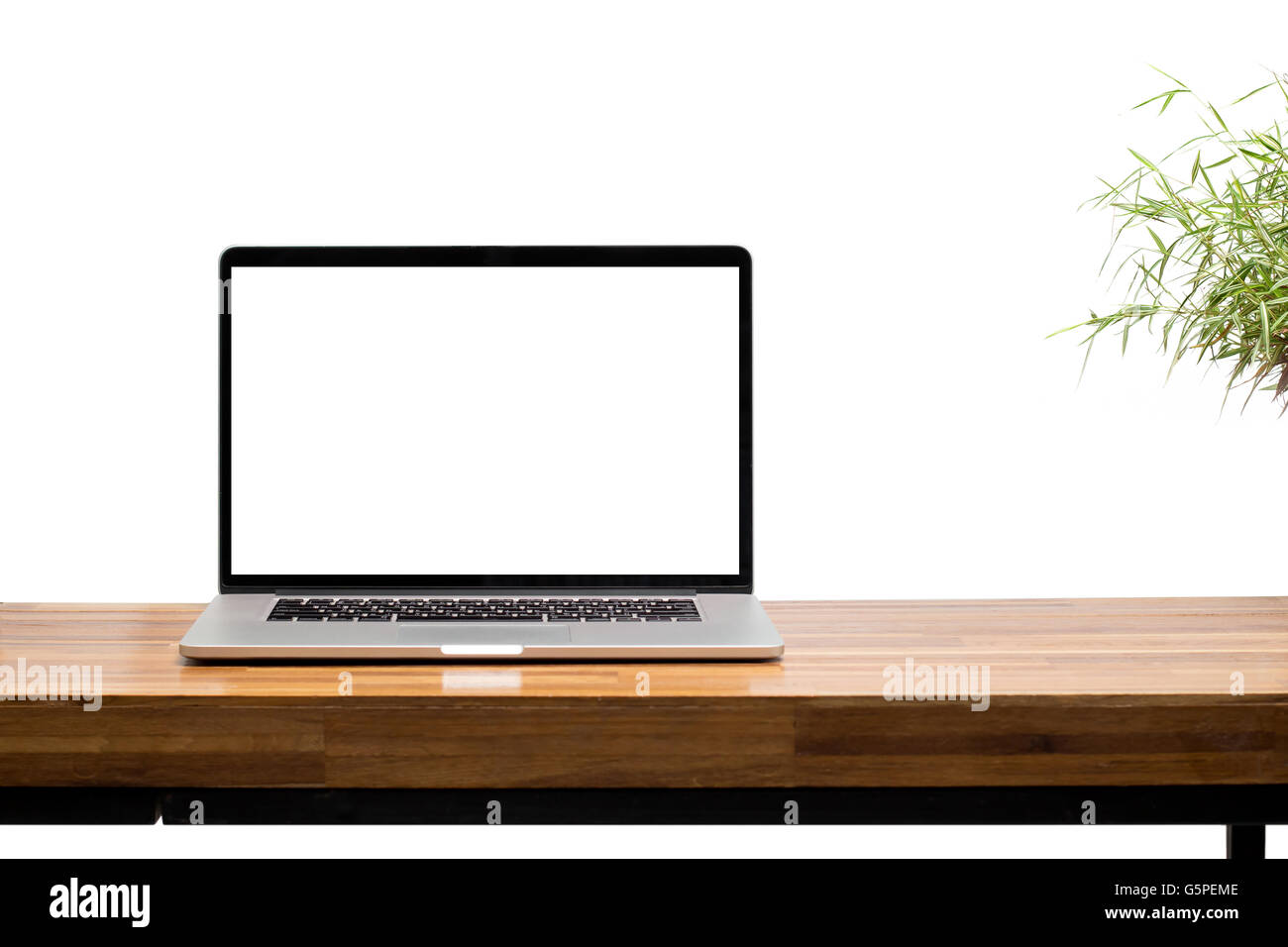 laptop blank screen on wooden table isolated on white Stock Photo - Alamy