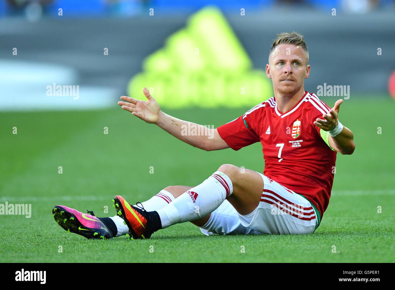 Lyon, France. 22nd June, 2016. Hungary's Balazs Dzsudzsak reacts during the UEFA Euro 2016 Group F soccer match between Hungary and Portugal at the Stade de Lyon in Lyon, France, 22 June 2016. Photo: Uwe Anspach/dpa/Alamy Live News Stock Photo