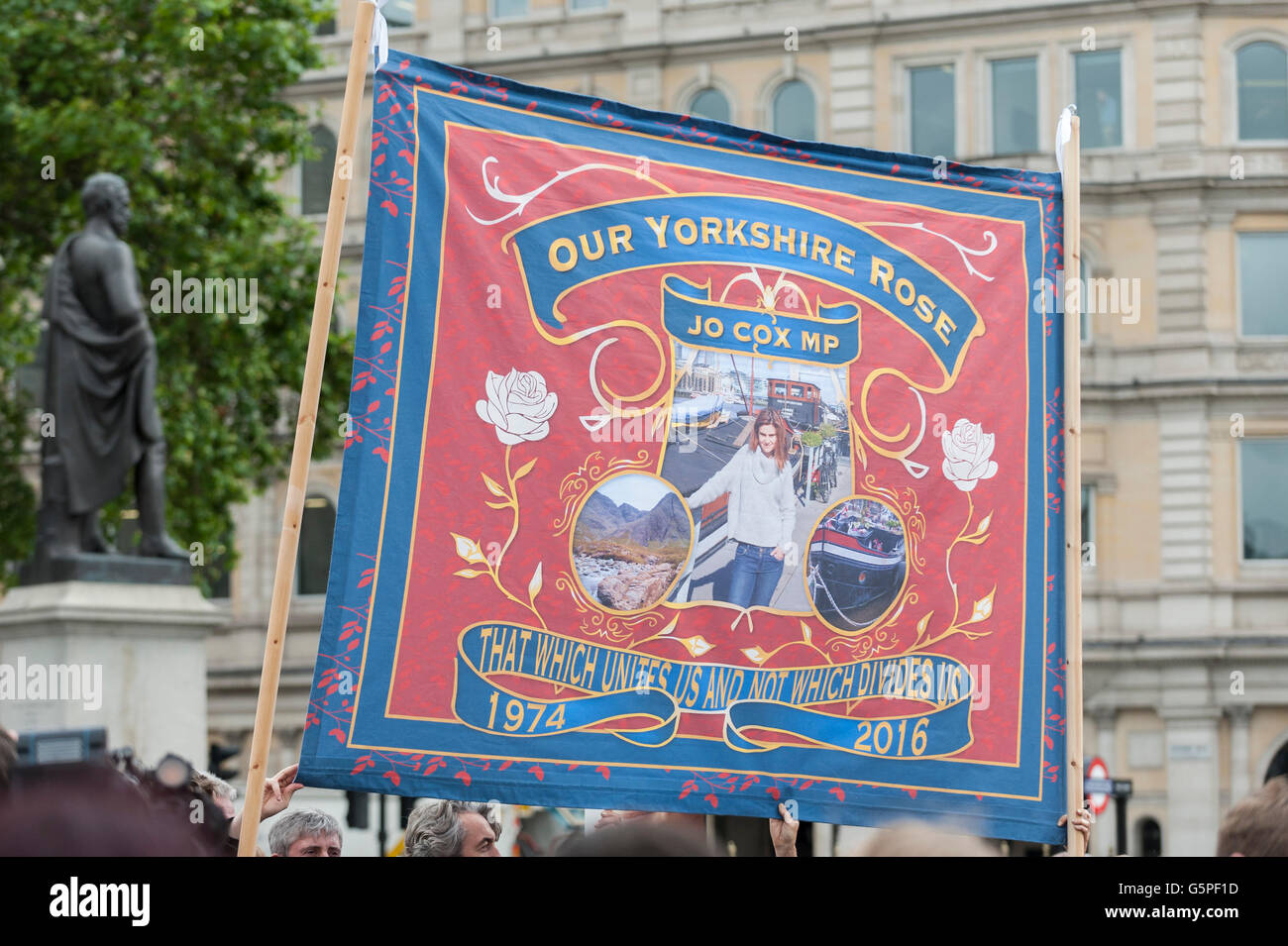 London, UK.  22 June 2016.  A huge banner celebrates Jo's Yorkshire roots. Thousands of people gathered in Trafalgar Square to commemorate Jo Cox MP, who was murdered last week.  Today, would have been Jo's 42nd birthday.  Under the banner #moreincommon, the audience listened to speeches by Jo's family and friends as well as by actor Bill Nighy, human rights campaigner Malala and more.    Credit:  Stephen Chung / Alamy Live News Stock Photo