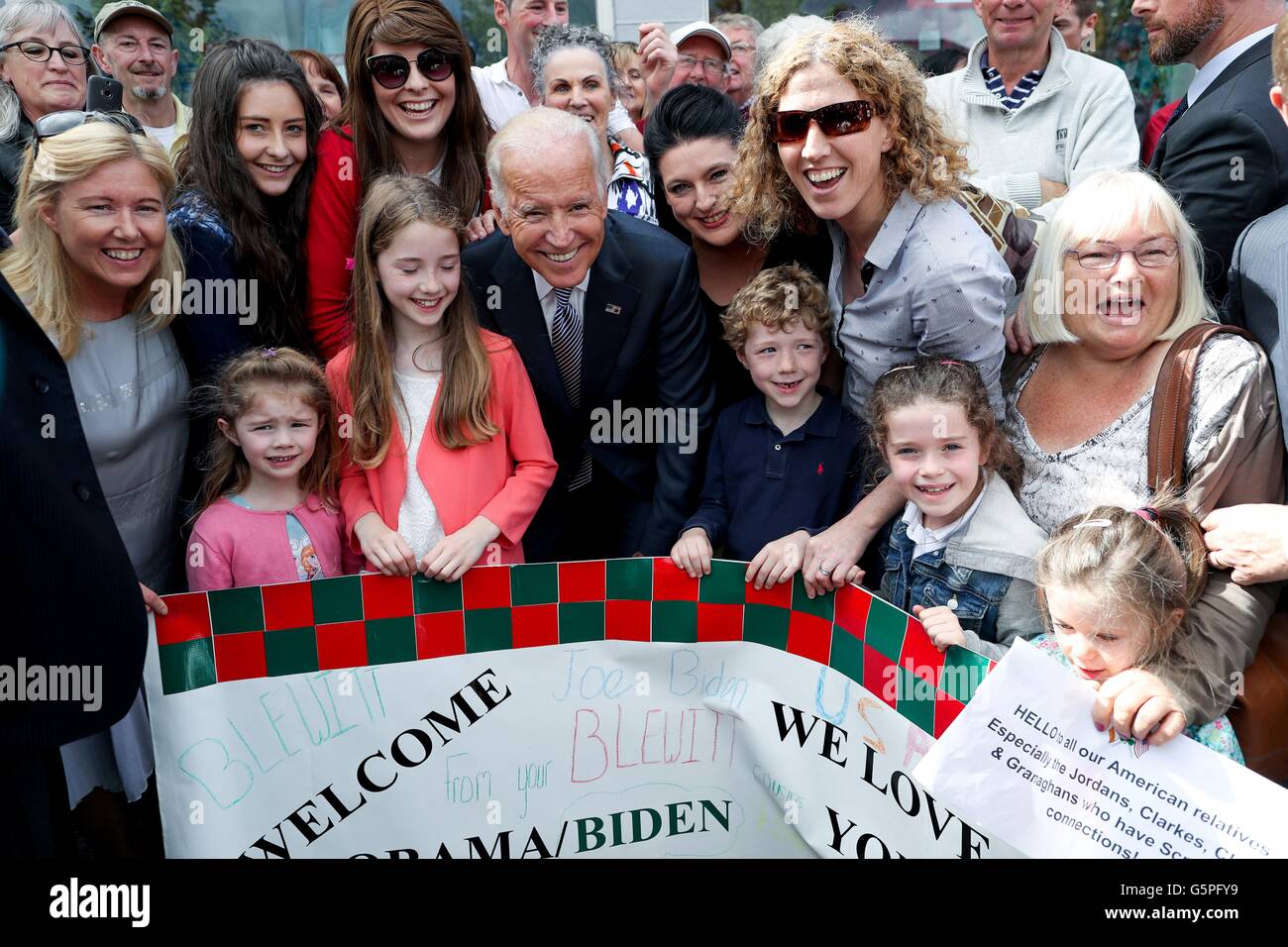 U.S. Vice President Joe Biden poses with local residents during a visit to his ancestral home June 22, 2016 in Ballina, County Mayo, Ireland. Stock Photo