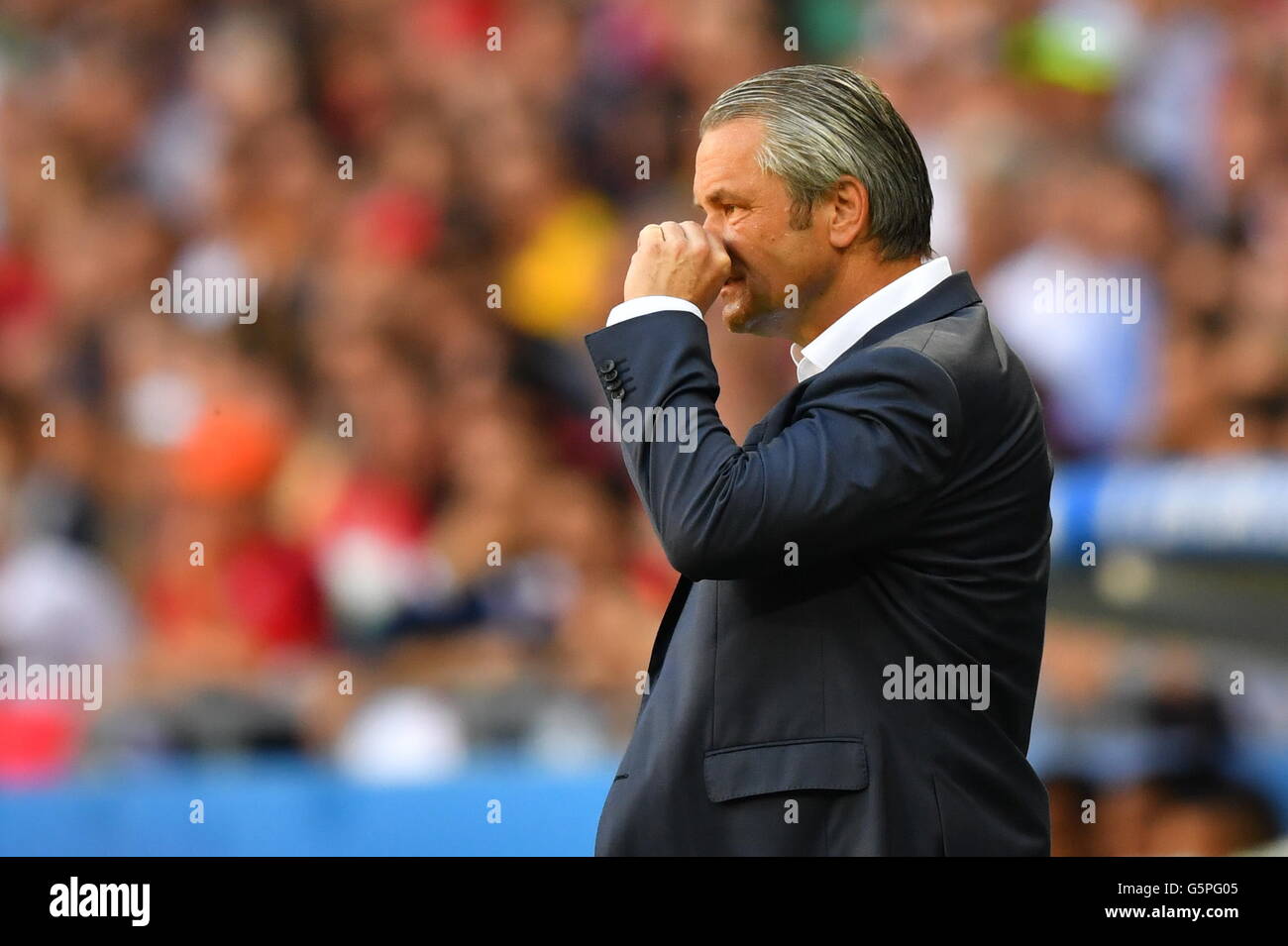 Lyon, France. 22nd June, 2016. Hungary's Bernd Storck gestures during the UEFA Euro 2016 Group F soccer match between Hungary and Portugal at the Stade de Lyon in Lyon, France, 22 June 2016. Photo: Uwe Anspach/dpa/Alamy Live News Stock Photo
