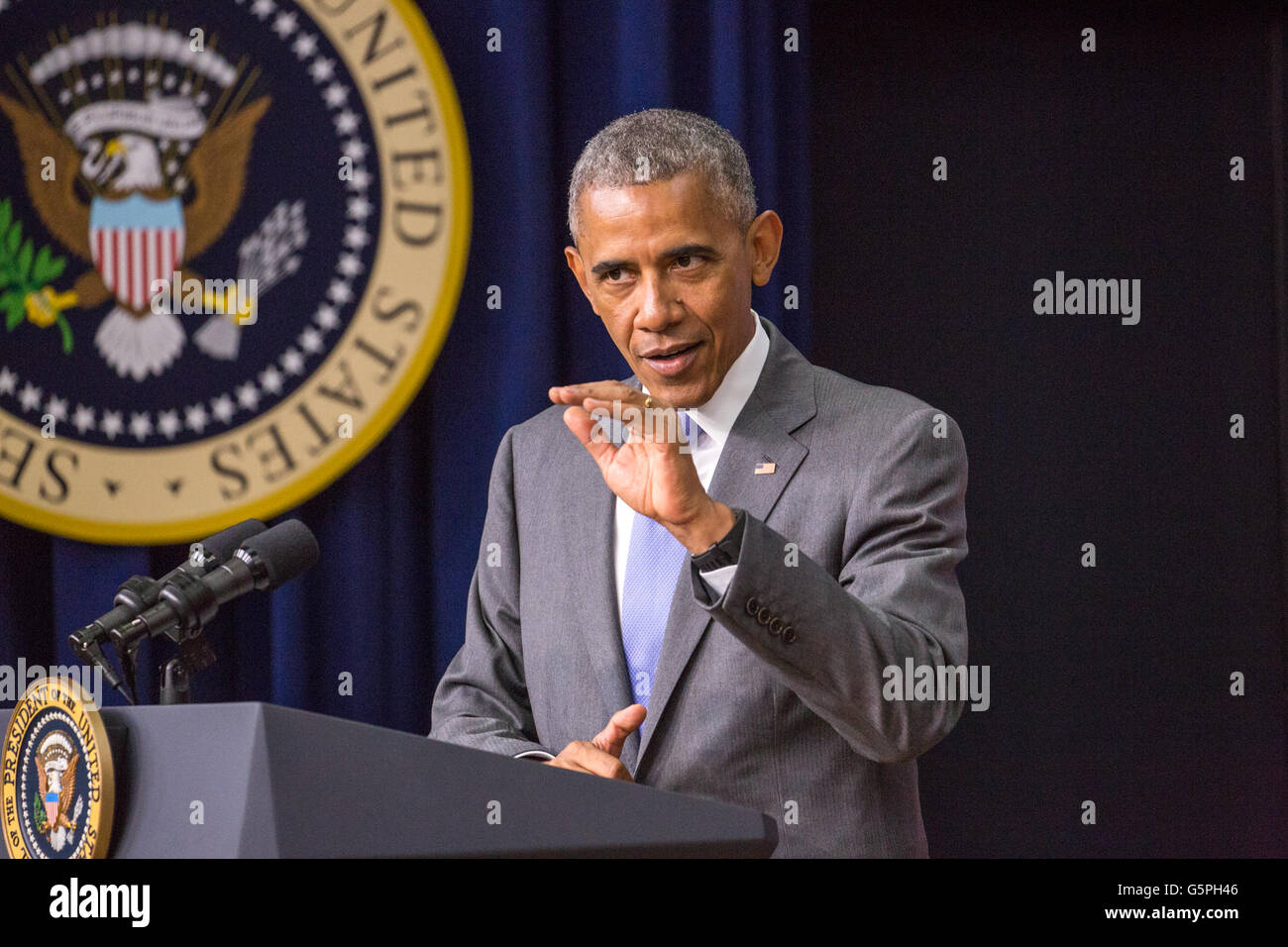 Washington DC, USA. 22nd June, 2016. in the South Court Auditorium of the Eisenhower Executive Office Building, President Barack Obama signed the bill H.R. 2576 the Frank R. Lautenberg Chemical Safety for the 21st Century Act. Credit:  Cheriss May/Alamy Live News Stock Photo