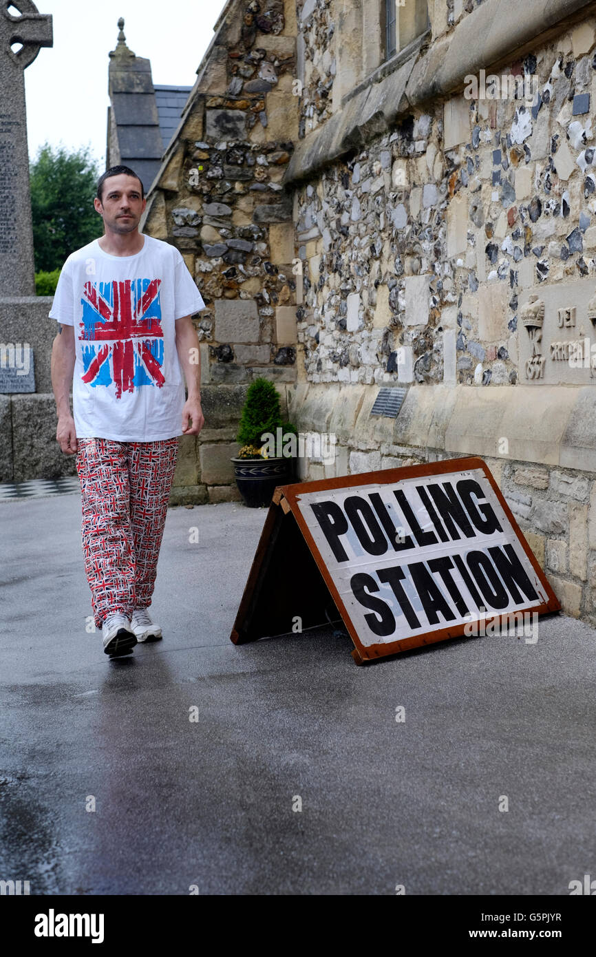 a young man wearing union jack clothing outside of a polling station on referendum day june 23rd 2016 england uk Stock Photo