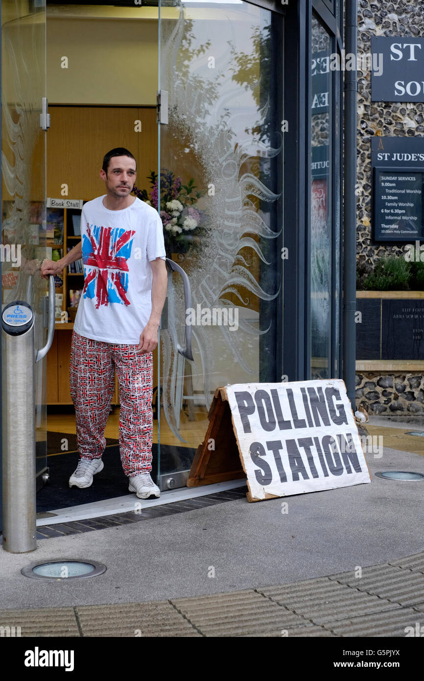a young man wearing union jack clothing outside of a polling station on referendum day june 23rd 2016 england uk Stock Photo