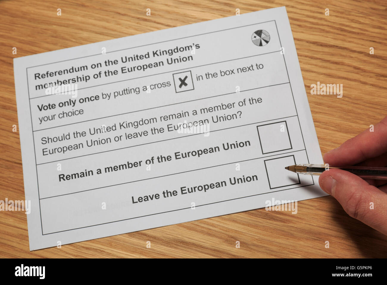 UK. 23 June 2016. EU Referendum. The Ballot Paper for the Referendum on the United Kingdom's membership of the European Union, which takes place today. A hand is poised to mark the option to 'Leave the European Union'. Stock Photo