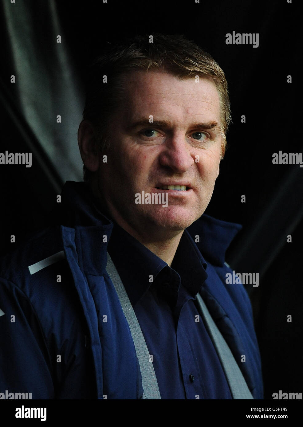 Walsalls manager dean smith sits in the dug out hi-res stock ...