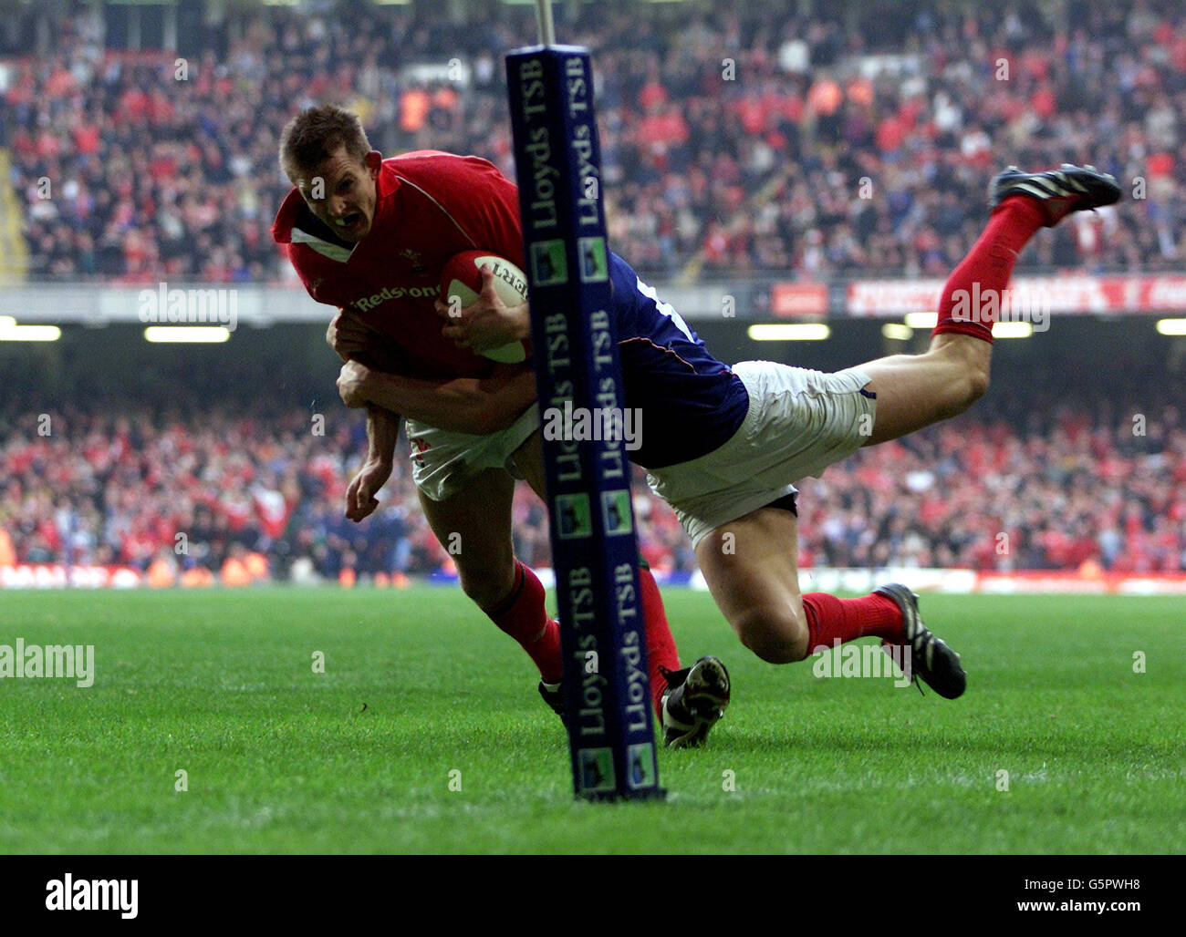Daffed James Rugby Dafydd James of Wales makes his last gasp reach for the line in the ...