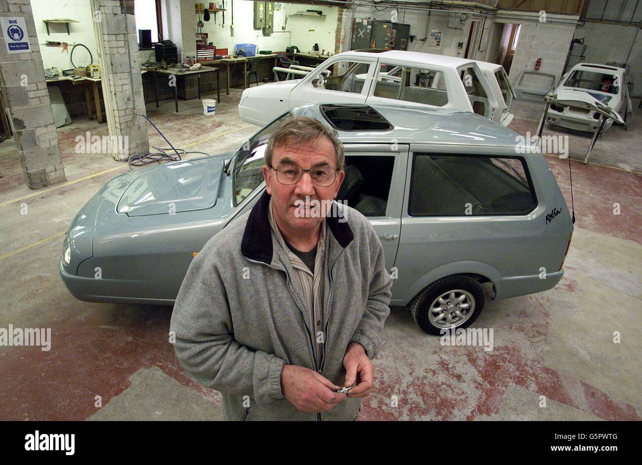 Les Collier, 59, owner of the B & N Plastics factory in Acton near Sudbury, Suffolk, stands with the new generation of Reliant Robin he is manufacturing after buying the production rights. * ...The first new models are now emerging from Mr Collier's plant, and he claims they are being snapped up before they reach garage forecourts. Stock Photo