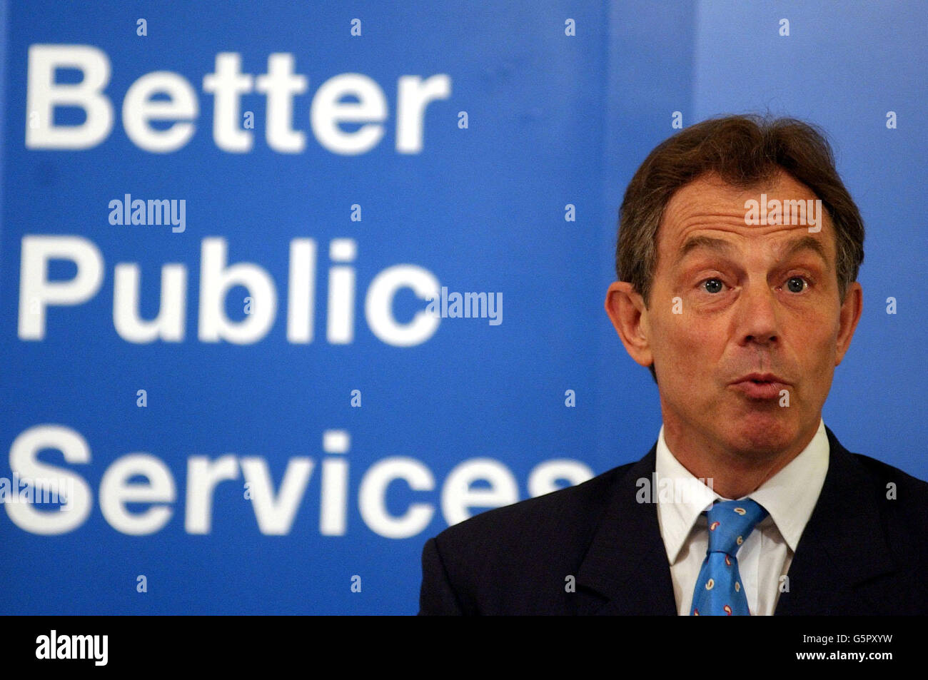 Prime Minister Tony Blair speaking at the launch of a Public services pamphlet at Downing Street in central London. Stock Photo