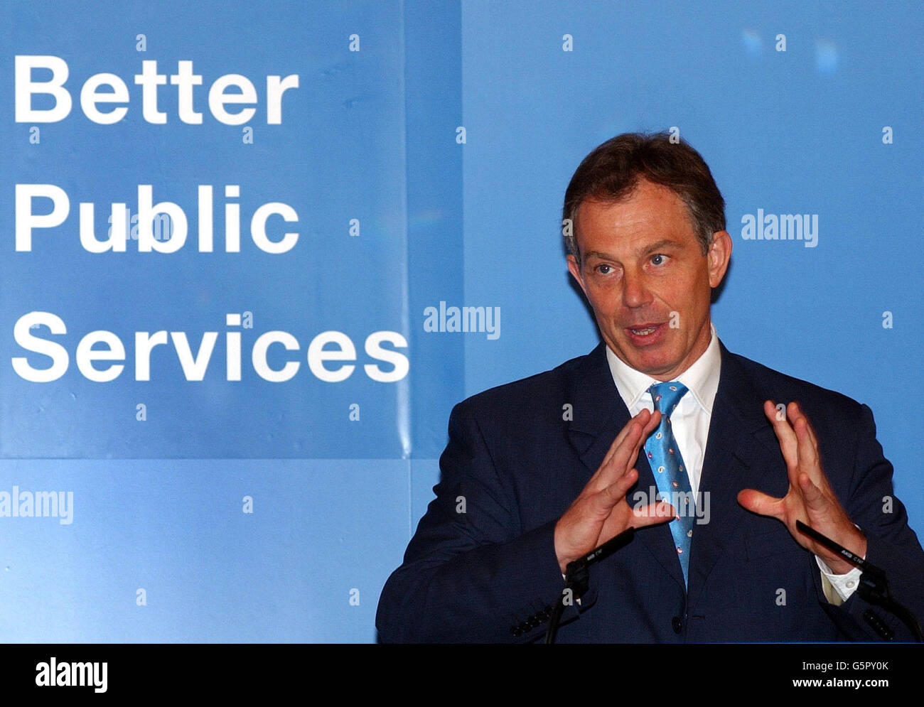 Prime Minister Tony Blair speaking at the launch of a Public services pamphlet at Downing Street in central London. Stock Photo