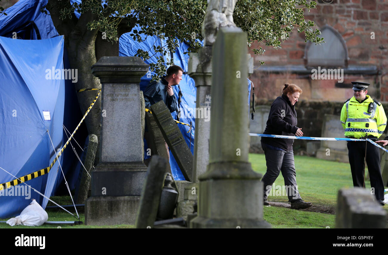 Forensic Anthropologist Sue Black (centre) at Old Monkland Cemetery in