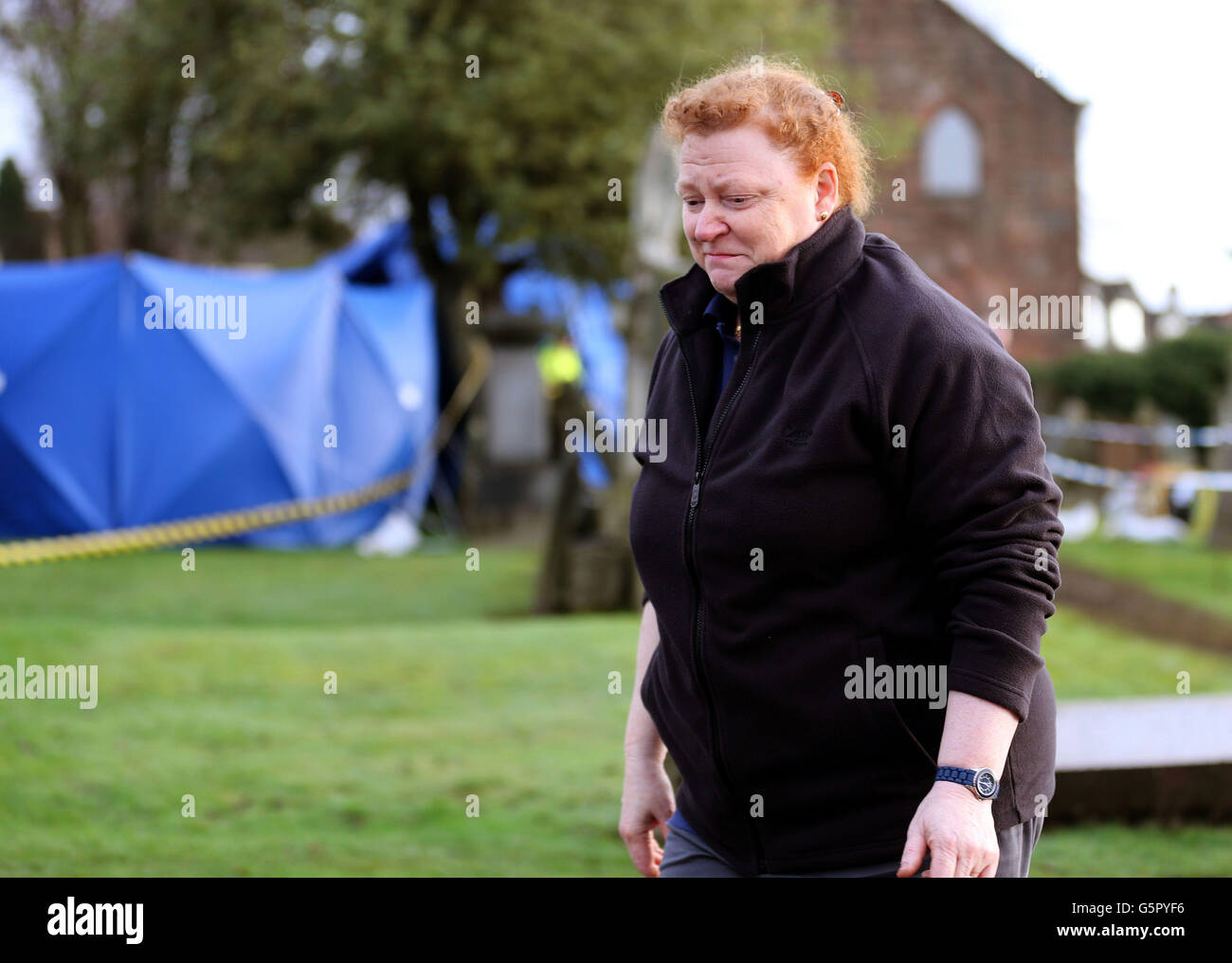 Forensic Anthropologist Sue Black at Old Monkland Cemetery in Coatbridge, Scotland where police have started an exhumation of a gravesite in the search for the remains of a schoolgirl Moira Anderson. Stock Photo