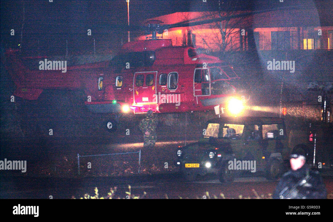 Lockerbie bomber leaves court. A helicopter carrying Abdelbaset Ali Mohamed Al Megrahi leaves Camp Zeist. Stock Photo