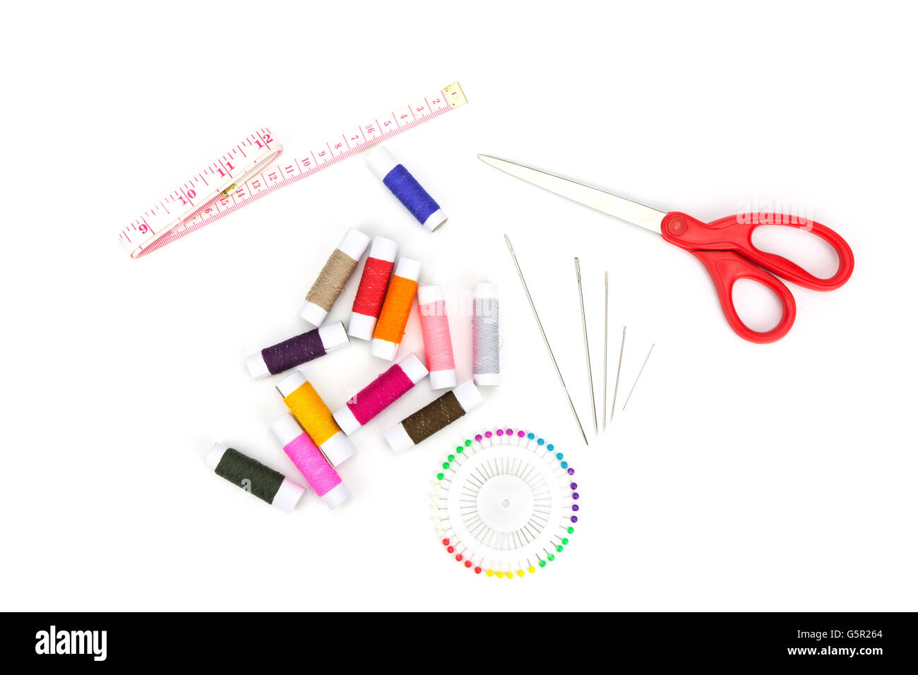 Set of needlework with scissors, needle, thread, measuring tape, pin