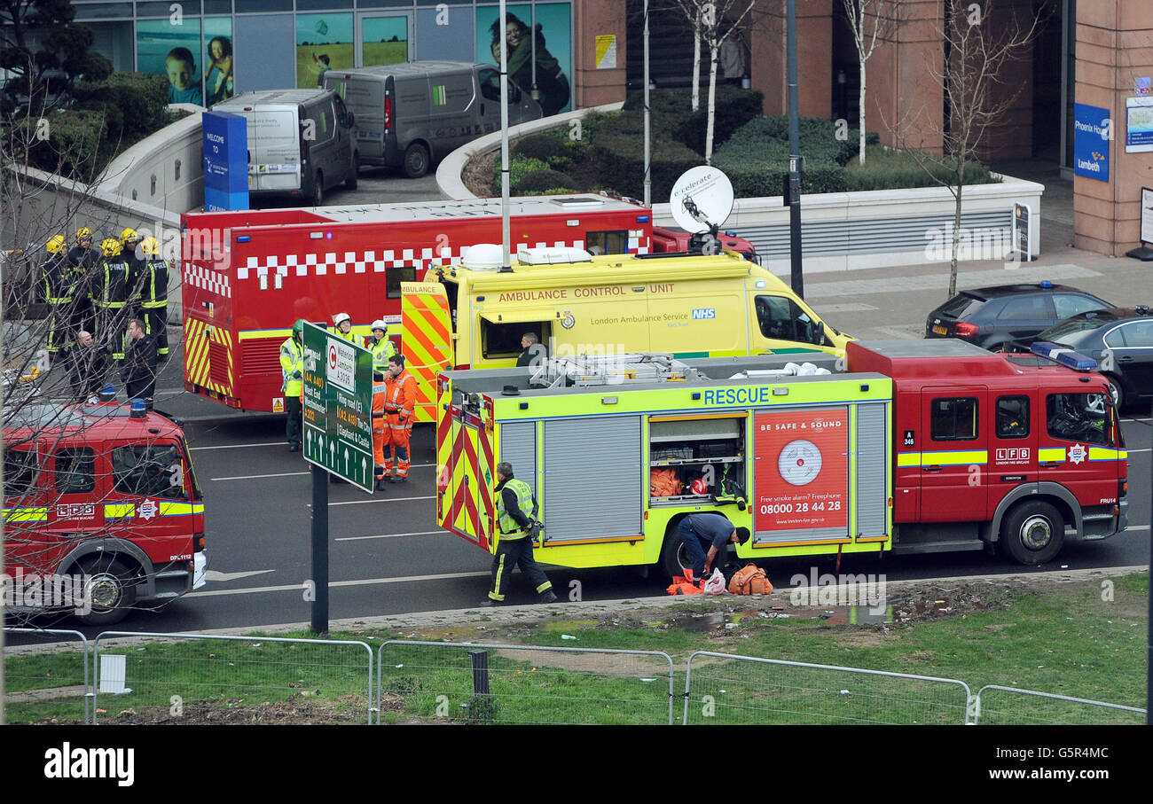 A small part of the emergency services on the scene at Vauxhall Cross intersection, after a Helicopter crashed into a construction Crane on top of St George's Wharf tower building, in Vauxhall south London. Stock Photo